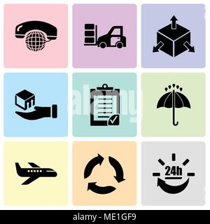 Set di 9 semplici icone modificabile come 24 ore di consegna, frecce triangolari, trasporto aereo, nero ombrello aperto, verifica degli appunti, consegna bo Illustrazione Vettoriale