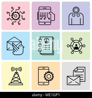 Set di 9 semplici icone modificabile come Mail, Setup, Antenna, utente, Rubrica, Mail bird, Impostazioni, Smartphone, le impostazioni possono essere usate per il mobile, abbiamo Illustrazione Vettoriale