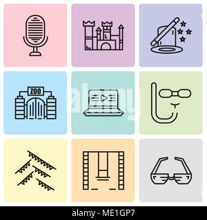 Set di 9 semplici icone modificabili quali occhiali 3d, altalene, Garland, maschera subacquea, Filmato, Zoo, magia, Castello, il microfono può essere utilizzato per il mobile, l'interfaccia utente web Illustrazione Vettoriale