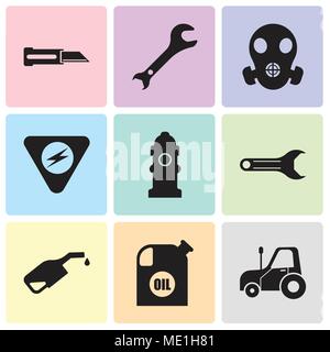 Set di 9 semplici icone modificabili quali autotruck, contenitore olio, pompa, chiave regolabile, idrante, pericolo, respiratore, chiave regolabile, coltello, Illustrazione Vettoriale