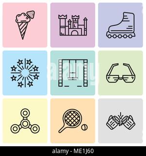 Set di 9 semplici icone modificabile come birra, ping-pong, fuco, occhiali 3d, altalene, fuochi d'artificio, rulli, Castello, gelato, può essere usato per il mobile, w Illustrazione Vettoriale