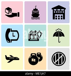 Set di 9 semplici icone modificabile come legno scatola di imballaggio di forma quadrata per la consegna, Peso attrezzo, trasporto aereo, nero ombrello aperto, confezione Illustrazione Vettoriale
