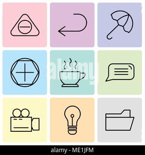 Set di 9 semplici icone modificabile come cartella di file, lampadina, videocamera, discorso bolla, una tazza di caffè caldo, Aggiungi attrezzo, ombrello aperto, freccia pointin Illustrazione Vettoriale