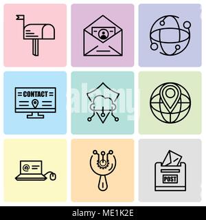 Set di 9 semplici icone modificabili quali casella postale, Accesso posta nel computer portatile, mondo segnaposto, protezione, affissioni, globo terrestre, ID e-mail, Mail, può Illustrazione Vettoriale
