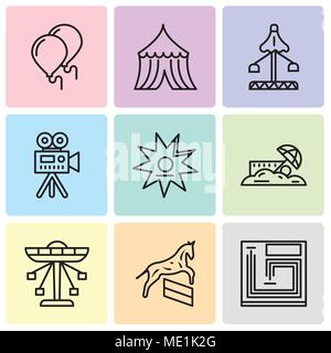 Set di 9 semplici icone modificabile come gioco di bordo, cavallo, giostra, sabbia, Walk of Fame, videocamera, equo, tenda, palloncini e può essere utilizzato per il mobile, abbiamo Illustrazione Vettoriale