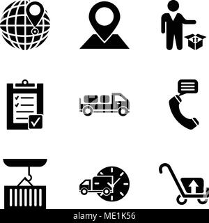Set di 9 semplici icone modificabile come la confezione di trasporto per consegna, consegna carrello con orologio circolare, contenitore appeso ad una gru, parlando dal ph Illustrazione Vettoriale