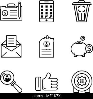 Set di 9 semplici icone modificabile come banca di sicuro, come persona di ricerca, casella di denaro, CV, e-mail, cestino, telefono, contratto può essere utilizzato per il mobile, web U Illustrazione Vettoriale