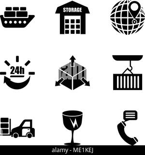 Set di 9 semplici icone modificabile come parla al telefono auricolare fragile, vetri rotti, pacchetti di trasporto su un autocarro, contenitore appeso di cr Illustrazione Vettoriale