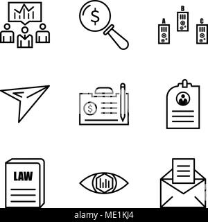Set di 9 semplici icone modificabili come l'e-mail, visualizzazione analitica, legge prenota, CV, contratto, piano, cartella, lente, uomini di affari, può essere usato per il mobile, l'interfaccia utente web Illustrazione Vettoriale