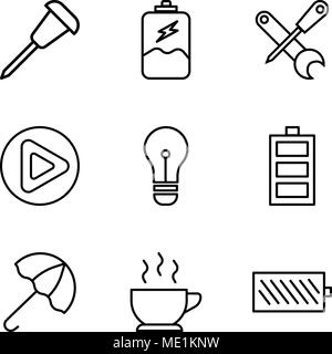 Set di 9 semplici icone modificabili come il livello di carica della batteria, una tazza di caffè caldo, ombrello aperto, il livello di carica della batteria, la luce della lampadina, il pulsante Play, un cacciavite e una chiave Illustrazione Vettoriale