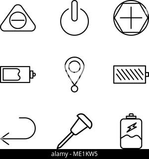 Set di 9 semplici icone modificabili come ad esempio la carica della batteria, la puntina, freccia rivolta verso sinistra, il livello di carica della batteria, il puntatore di posizione, bacchetta magica, Aggiungi strumento, alimentazione Illustrazione Vettoriale