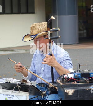 KAOHSIUNG, Taiwan -- Febbraio 16, 2018: un musicista di strada suona il erhu, a due corde di violino cinese, con un lungo arco. Foto Stock