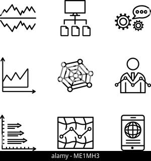 Set di 9 semplici icone modificabile come telefono cellulare collegato a livello globale, Stock, Analytics Data Analyzer, diagramma radar con il Pentagono, dati, grafica 3d d Illustrazione Vettoriale