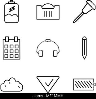 Set di 9 semplici icone modificabili come il livello di carica della batteria, il segno di spunta, Cloud, strumento modifica, telefono maniglia, calendario con il giorno 5, la puntina, carrello, B Illustrazione Vettoriale
