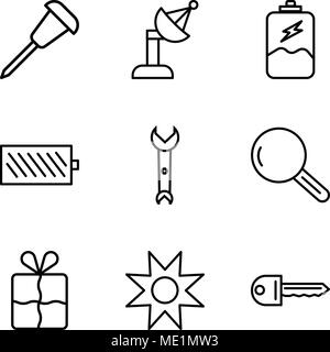 Set di 9 semplici icone modificabile come chiave, Star, segnalibro, lente di ingrandimento, chiave, il livello di carica della batteria, la carica della batteria, antenna parabolica, la puntina, può essere Illustrazione Vettoriale