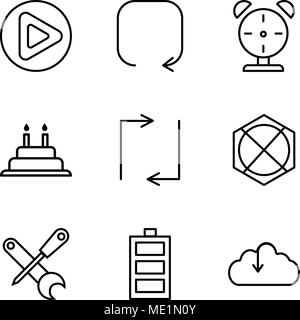 Set di 9 semplici icone modificabile come download dal cloud, il livello di carica della batteria, un cacciavite e una chiave, freccia rivolta verso l aggiornamento, frecce, torta con Illustrazione Vettoriale