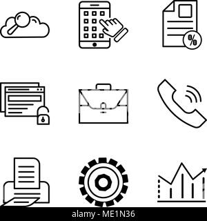 Set di 9 semplici icone modificabile come statistica, impostazione, stampa, chiamata, portfolio, sbloccare, documento percento, iphone cerca i dati, può essere utilizzato per mobi Illustrazione Vettoriale