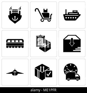 Set di 9 semplici icone modificabili quali logistica di consegna carrello e orologio, Delive casella verifica, aereo vista frontale, consegna pacchi, Commercia Illustrazione Vettoriale