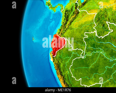 Ecuador come visto da orbita terrestre sul pianeta terra evidenziata in rosso con confini visibili. 3D'illustrazione. Gli elementi di questa immagine fornita dalla NASA. Foto Stock