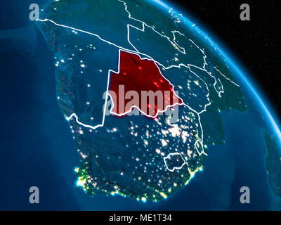 Vista satellitare del Botswana evidenziata in rosso sul pianeta terra di notte con i confini e le luci della città. 3D'illustrazione. Gli elementi di questa immagine furni Foto Stock