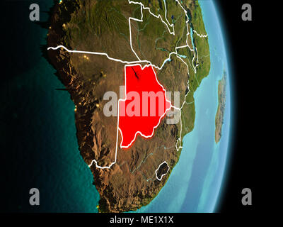 Tv vista la mattina del Botswana evidenziata in rosso sul pianeta Terra con visibili le linee di confine e luci della citta'. 3D'illustrazione. Gli elementi di questo ima Foto Stock