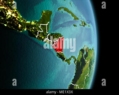 Tv vista la mattina del Nicaragua evidenziata in rosso sul pianeta Terra con visibili le linee di confine e luci della citta'. 3D'illustrazione. Gli elementi di questo im Foto Stock