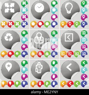 La distribuzione di schermo, orologio, lampadina, riciclaggio, avatar, Freccia sinistra, Checkpoint, Silhouette segno icona. Un set di settantadue colorato pulsanti rotondi, sti Illustrazione Vettoriale