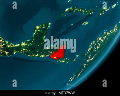Vista notturna del Nicaragua evidenziata in rosso sul pianeta Terra con atmosfera. 3D'illustrazione. Gli elementi di questa immagine fornita dalla NASA. Foto Stock