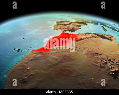 Mattina al di sopra del Marocco evidenziata in rosso sul modello del pianeta Terra nello spazio. 3D'illustrazione. Gli elementi di questa immagine fornita dalla NASA. Foto Stock