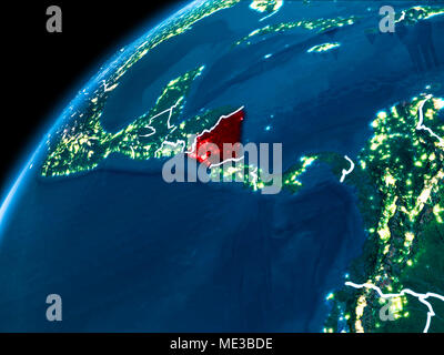 Nicaragua evidenziata in rosso da orbita terrestre di notte con visibili i confini del paese. 3D'illustrazione. Gli elementi di questa immagine fornita dalla NASA. Foto Stock