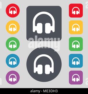 Cuffie e auricolari segno icona. Una serie di dodici tasti colorati. Design piatto. Illustrazione Vettoriale Illustrazione Vettoriale