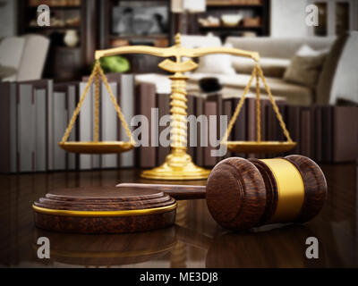 Martello e scala equilibrata su un tavolo di legno. 3D'illustrazione. Foto Stock