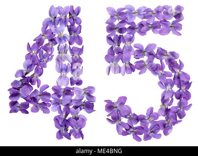 Numero arabo 45, quarantacinque, dai fiori di viola, isolato su sfondo bianco Foto Stock