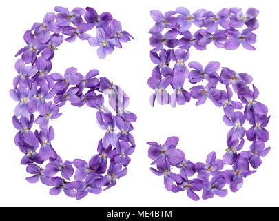 Numero arabo 65, sessanta cinque, dai fiori di viola, isolato su sfondo bianco Foto Stock