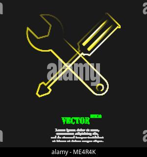 Cacciavite con icona a forma di chiave inglese simbolo con effetto di neon giallo. Illustrazione Vettoriale Illustrazione Vettoriale