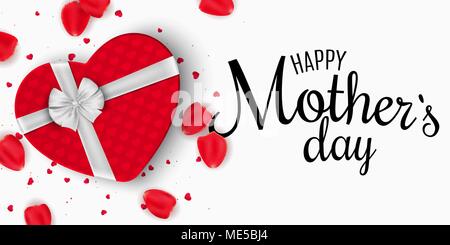 Biglietto di auguri per la festa della mamma. Confezione regalo rossa del cuore con la prua. Sfondo bianco. Petali di rosa e coriandoli. Io amo mamma. La calligrafia e scritte. Ve Illustrazione Vettoriale