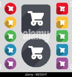 Carrello icona segno. Una serie di dodici tasti colorati e una lunga ombra. Design piatto. Illustrazione Vettoriale Illustrazione Vettoriale