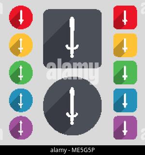 La icona di spada segno. Una serie di dodici tasti colorati e una lunga ombra. Design piatto. Illustrazione Vettoriale Illustrazione Vettoriale