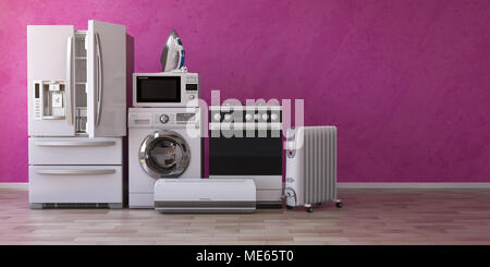 Set di uso domestico home appliancess su sfondo rosa. Tecniche di cucina nei nuovi appartamenti. L'E-commerce online store via internet e la consegna di appl Foto Stock