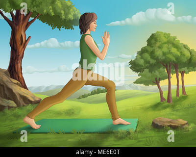 Giovane donna a praticare yoga in un grazioso paesaggio. Illustrazione Digitale. Foto Stock