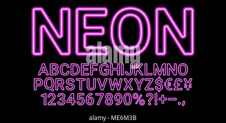 Neon di font in color porpora. Vettore Collezione di latino lettere al neon, Neon alfabeto costituito da contorni su sfondo scuro Illustrazione Vettoriale