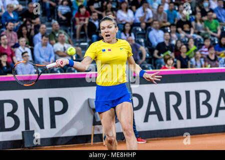 Aprile 22, 2018: Simona Halep (ROU) durante la Fed Cup by BNP 2018 gioco tra la Romania e la Svizzera presso la Sala Polivalenta, Cluj-Napoca, Romania ROU. Copyright: Cronos/Catalin Soare Foto Stock