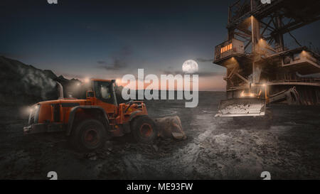 Attrezzature pesanti veicoli di vari tipi - a ruote di bulldozer - nel turno di notte di lavoro su un cantiere in miniera a cielo aperto. Foto Stock