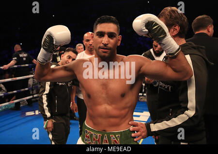 Amir Khan celebra vincendo il Concorso Super-Welterweight contro Phil Lo Greco a Echo Arena, Liverpool. Foto Stock