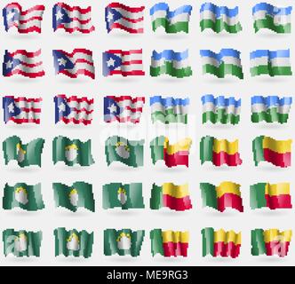 Puerto Rico, Kabardino Balkaria, Macao, Benin. Set di 36 bandiere dei paesi del mondo. Illustrazione Vettoriale Illustrazione Vettoriale