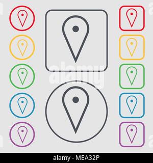 Mappa icona poiner segno. simbolo sul Round e i pulsanti quadrati con il telaio. Illustrazione Vettoriale Illustrazione Vettoriale