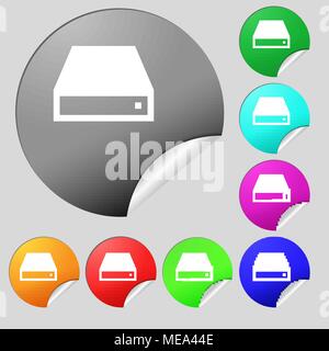 Icona CD-ROM segno. Set di otto multi-colore pulsanti rotondi, adesivi. Illustrazione Vettoriale Illustrazione Vettoriale