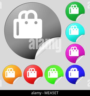 Shopping bag icona segno. Set di otto multi colore pulsanti rotondi, adesivi. Illustrazione Vettoriale Illustrazione Vettoriale