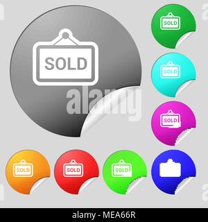 Icona venduti segno. Set di otto multi colore pulsanti rotondi, adesivi. Illustrazione Vettoriale Illustrazione Vettoriale