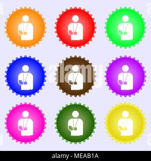 Braccio rotto, disabilità icona segno. Un insieme di nove diverse etichette colorate. Illustrazione Vettoriale Illustrazione Vettoriale
